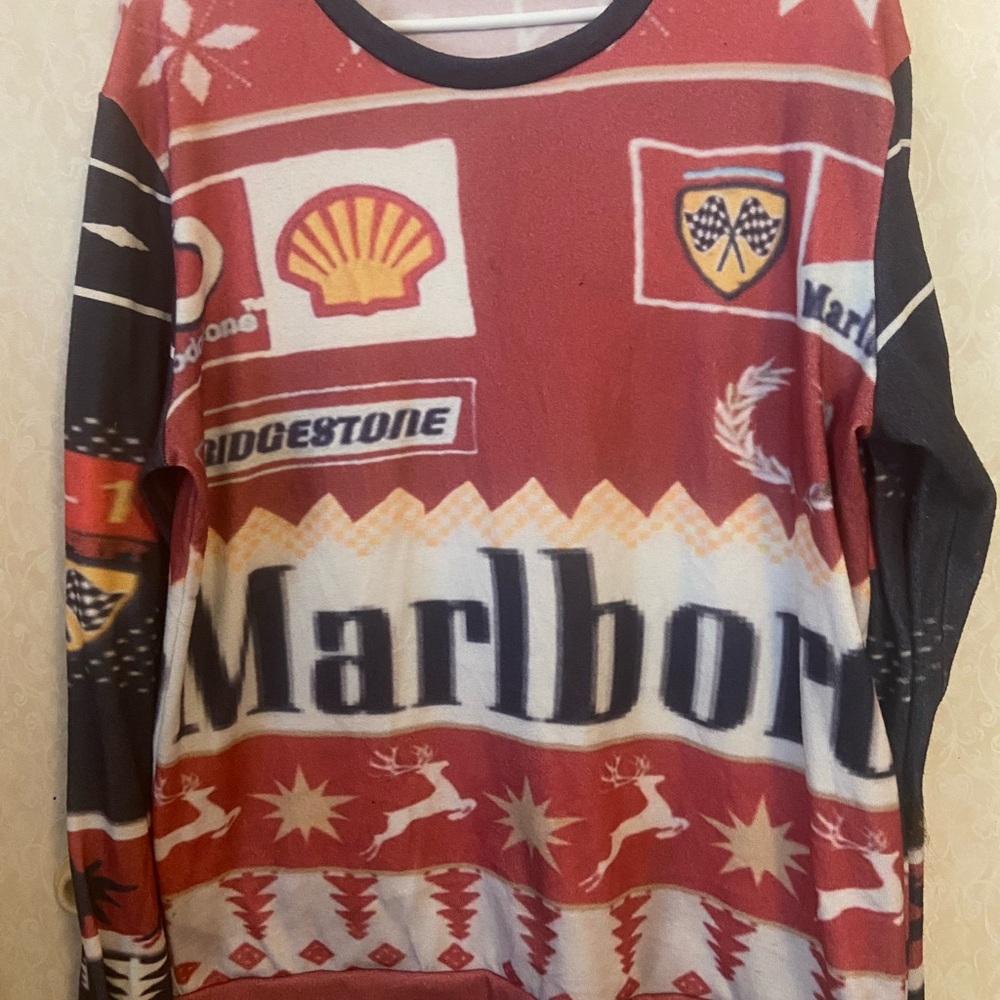 Marlboro Red and Black Racing Logo Christmas sweater shirt. Men’s large.